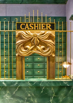 Cashier desk in the old vintage bank