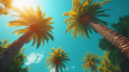 a group of palm trees with a bright blue sky in the background and a few white clouds in the sky.