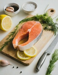 A raw salmon steak on a wooden cutting board, accompanied by a chef's knife and fresh ingredients like dill, garlic, and lemon slices, ready for preparation, capturing the initial steps of meal prep