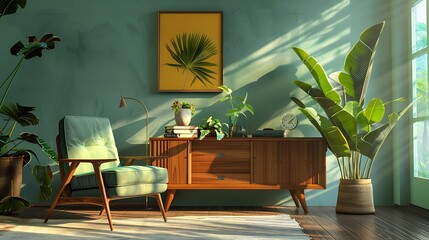 A serene retro living room with a mid-century modern armchair, a wooden sideboard displaying retro decor pieces, and a large potted plant adding a touch of nature