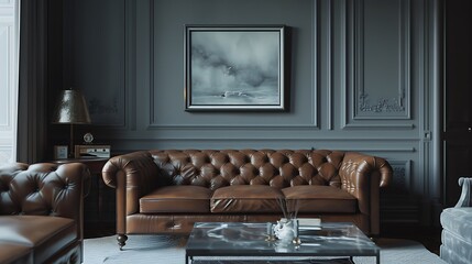 A sophisticated retro living room with a monochrome color scheme, featuring a grey empty wall adorned with framed artwork, a leather sofa, and a marble coffee table