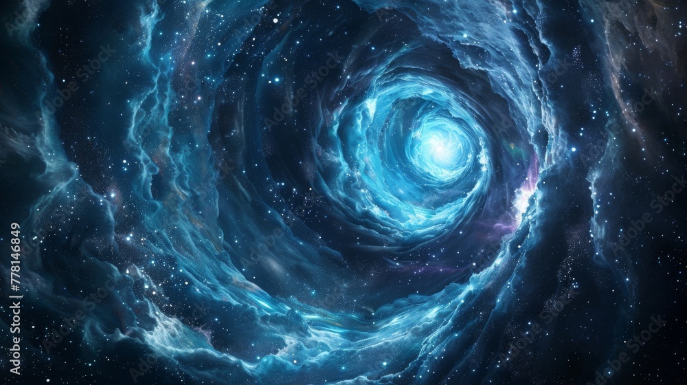 Poster a breathtaking digital art representation of a swirling vortex in deep space, spiraling into a lumin