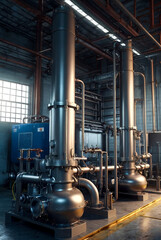Photo contains film grain. Water pump station and pipeline with tanks in an industrial room to supply high pressure water for firefight tasks. Sprinkler pipes and control system to provide drink water - obrazy, fototapety, plakaty