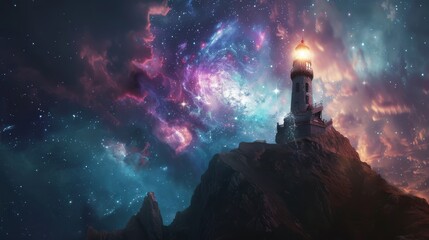 The beacon of a lighthouse pierces the night, shining over rugged cliffs with a backdrop of a radiant cosmic nebula. - obrazy, fototapety, plakaty