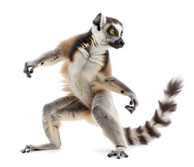 Fototapeta premium Standing ring-tailed lemur in dancing pose, isolated background