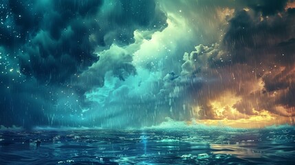 A mystical digital illustration of an ocean storm where rain and stars seem to merge under a tumultuous clouded sky.