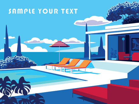 Horizontal landscape with swimming pool, umbrella, sunbeds and mid-century house in the first plan and cypress trees and ocean in the background. Handmade drawing vector illustration. Pop Art style.