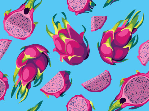 Hand drawn seamless pattern with bright dragon fruits whole, cut into slice and in half. Vector illustration, retro 1970s style.
