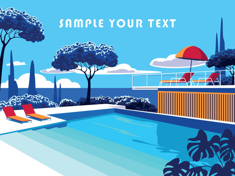 Horizontal landscape with swimming pool, sunbeds and mid-century house in the first plan and cypress trees and ocean in the background. Handmade drawing vector illustration. Pop Art style.