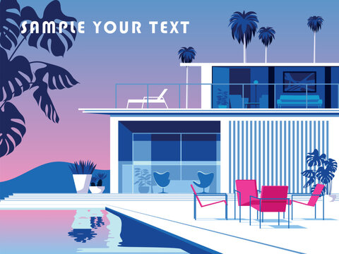 Horizontal landscape with swimming pool, chairs and mid-century house in the first plan, palms and mountains in the background. Handmade drawing vector illustration. Pop Art style.