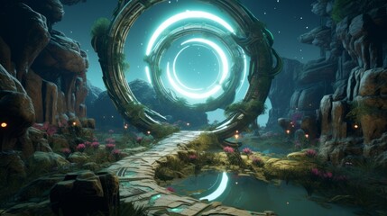 Aether serpent coils gracefully in an otherworldly oasis - obrazy, fototapety, plakaty