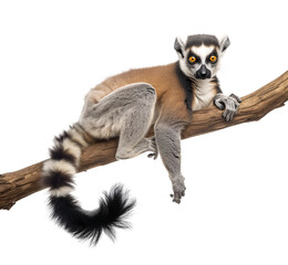 Obraz premium Ring-tailed lemur sitting on a tree branch on isolated transparent background