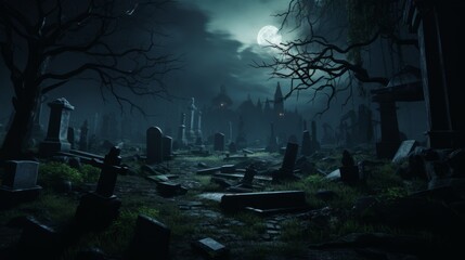 An eerie, moonlit cemetery with restless spirits