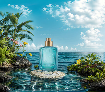 Luxury glass perfume bottle model on beautiful nature background, Generative AI