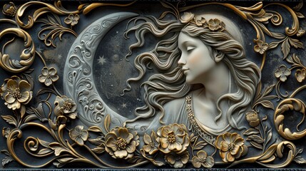 An ornate mirror with an etched image of a young woman with long hair reaching for a crescent moon and beautiful flower patterns all around
