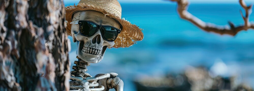 With the ocean in the backdrop, a charming little skeleton with a straw hat and sunglasses comes out from behind a tree trunk.