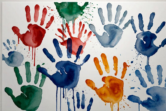 Baby handprint with watercolor on white wall background. Works of child abstract sketch. Colored kids handprints and splattered messy on pictures. Unique backgrounds for creativity and wallpaper