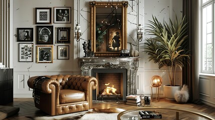 A stylish retro living room with a tufted leather armchair, a brass-framed mirror above a marble...