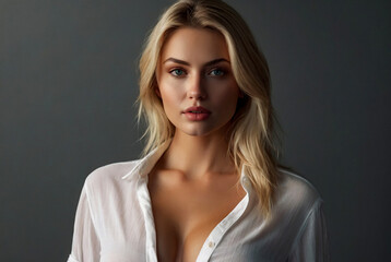 Sensual portrait of big breasted blonde female in an unbuttoned white shirt on white background. Pretty young woman an casual clothes posing and looking at camera and show emotion. Copy space