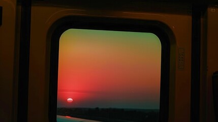 Scenic Sunset View Through Train Window with Sun Setting in the Distance