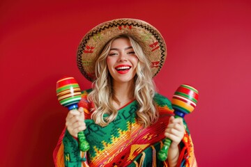 a blonde hair female with a goofy look, gripping maracas, wearing a poncho and hat infront of solid red background - obrazy, fototapety, plakaty