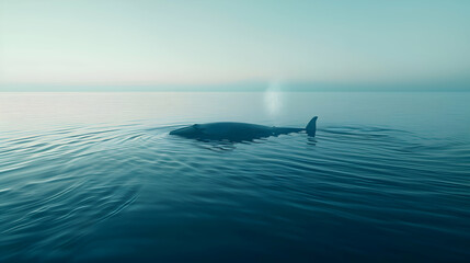 Naklejka premium A solitary blue whale breaches the surface of the calm sea, its massive body partially submerged, with a blurred horizon stretching to the distant horizon, providing ample room for text