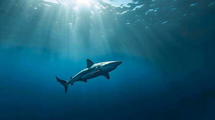 A solitary bull shark patrolling the depths of an expansive ocean, its sleek silhouette contrasting against the soft hues of an ethereal, blurred seascape, offering ample copy space