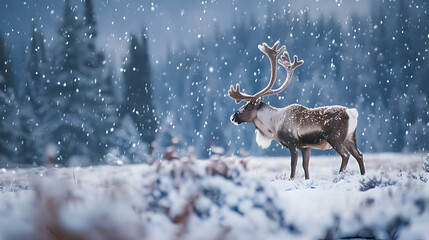 A solitary caribou standing proudly amidst a snowy landscape, with snowflakes gently falling