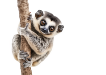 Cute slow loris on a tree branch, isolated transparent background