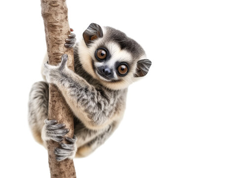 Cute slow loris on a tree branch, isolated transparent background