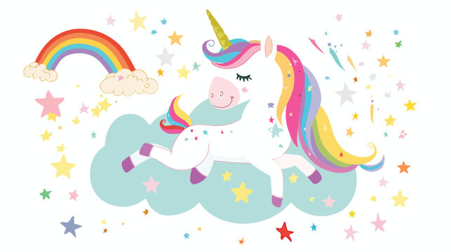 Sweet little unicorn on cloud with rainbows and shoot
