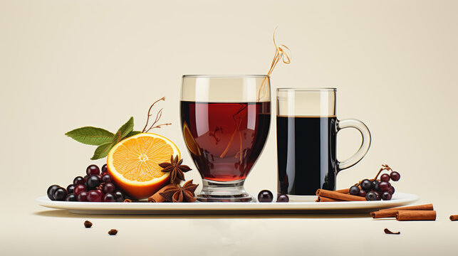 Bowls with aromatic mulled wine and citrus fruits, cinnamon, and berries.
Concept: autumn and winter menus in cafes and restaurants, holiday drinks. Copy space banner