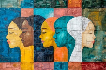Diverse and Multicultural Abstract Human Profiles on Colorful Patchwork Background Artwork