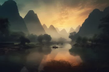 Dekokissen Serene landscape of steep mountains and winding rivers shrouded in mist in the early morning. Generative AI. © Surachetsh