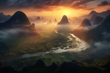 Serene landscape of steep mountains and winding rivers shrouded in mist in the early morning. Generative AI.