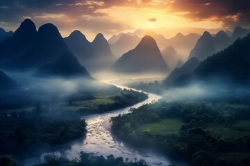Naklejka premium Serene landscape of steep mountains and winding rivers shrouded in mist in the early morning. Generative AI.