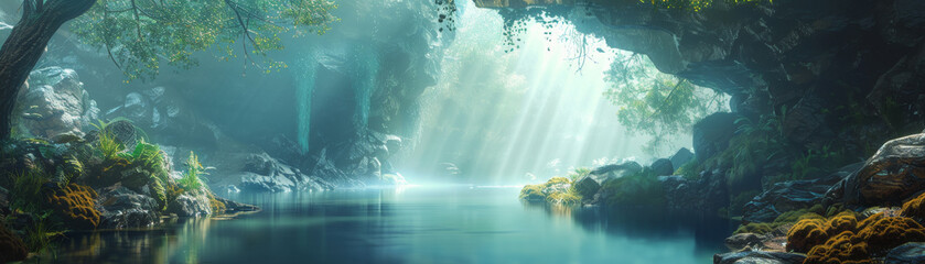 Design a piece that captures the serene atmosphere of a grotto through digital art.