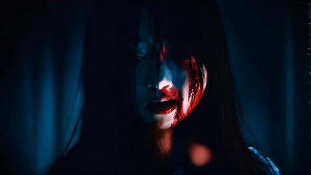 a ghost with a scary face full of blood and darkness
