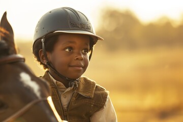 A smiling young boy in an equestrian helmet looks off into the distance during a serene golden hour - obrazy, fototapety, plakaty