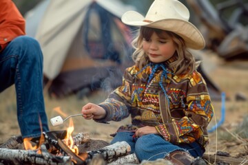 A young girl in a cowboy hat roasts a marshmallow over a campfire, with a tent in the blurry background