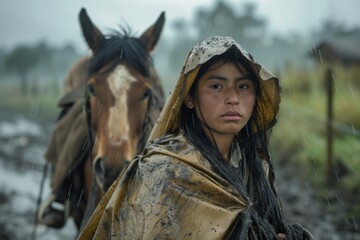 Fototapeta premium A young girl in a muddy raincoat stands steadfast beside a horse, braving a downpour with a solemn expression