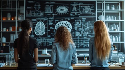 a group of women sitting at a bar looking at a blackboard with a diagram of the human brain on it.