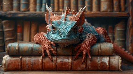 an iguana sitting on top of a pile of books in front of a bookshelf full of books. - obrazy, fototapety, plakaty