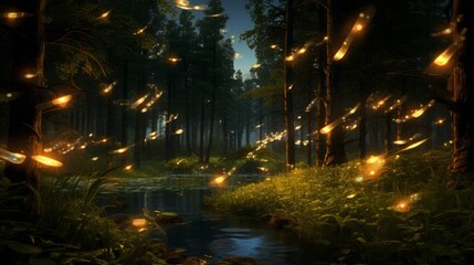 Fototapeta premium Glowing fireflies in a tranquil forest clearing