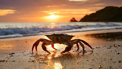 Crab strolling along the seaside at sunset, with mountains in the background.