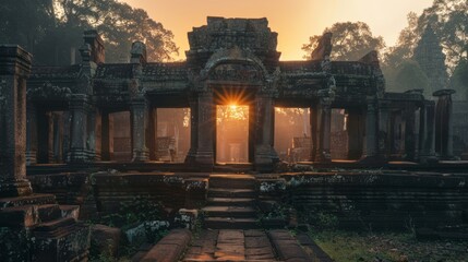 Ruins of an ancient Hindu temple at sunset.
