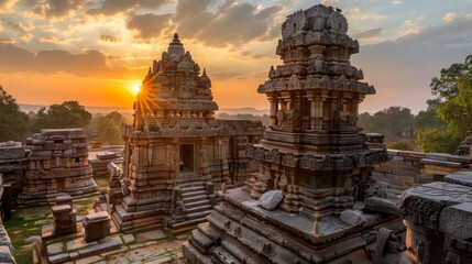 Ruins of an ancient Hindu temple at sunset. - obrazy, fototapety, plakaty
