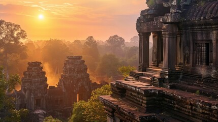 Ruins of an ancient Hindu temple at sunset. - obrazy, fototapety, plakaty