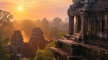 Foto op Canvas Ruins of an ancient Hindu temple at sunset. © AIExplosion