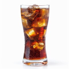 Tall glass filled with ice and cola on white background.